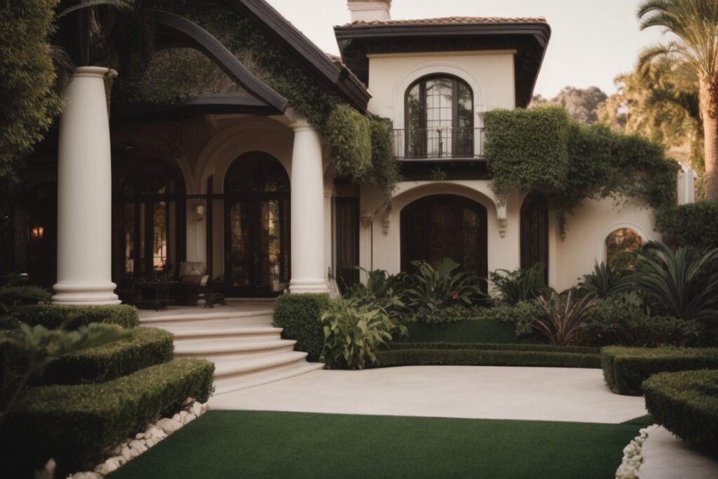 Beverly Hills mansion with tinted windows and a lush garden