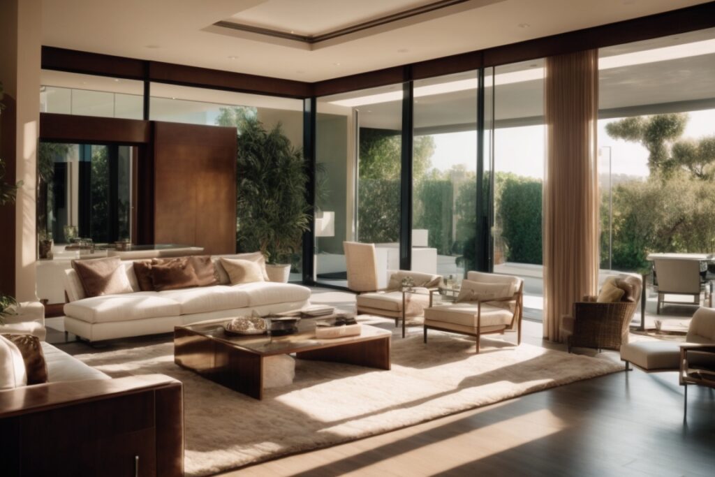 luxurious Beverly Hills home interior with glare window film installed