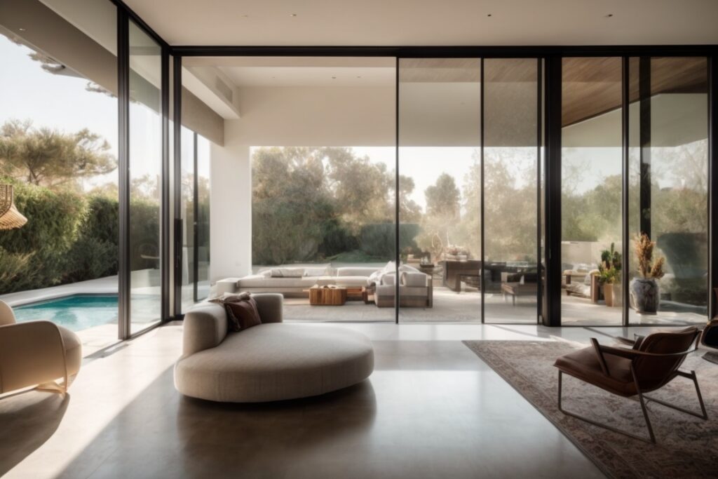 Luxury Beverly Hills home interior with soft natural light through frosted window film