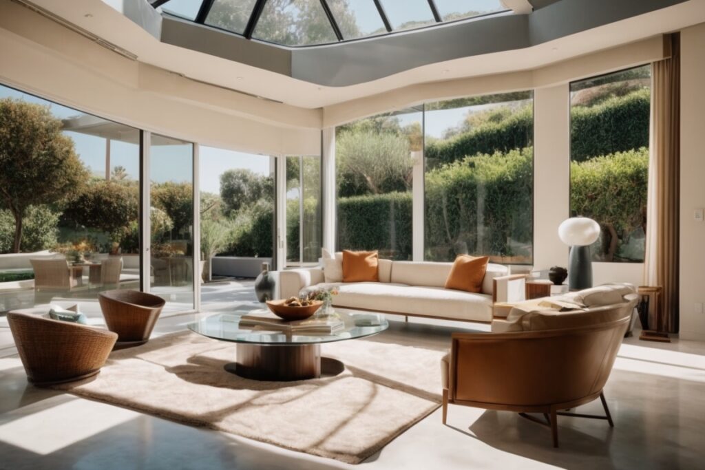 Beverly Hills home with clear energy-efficient window film, modern furniture fading under sunlight