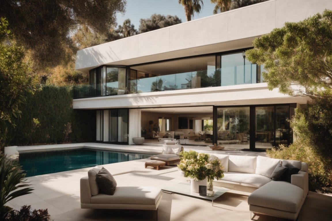 Modern Beverly Hills home with clear energy efficient window films, sunlight filtering through, luxurious interior visible