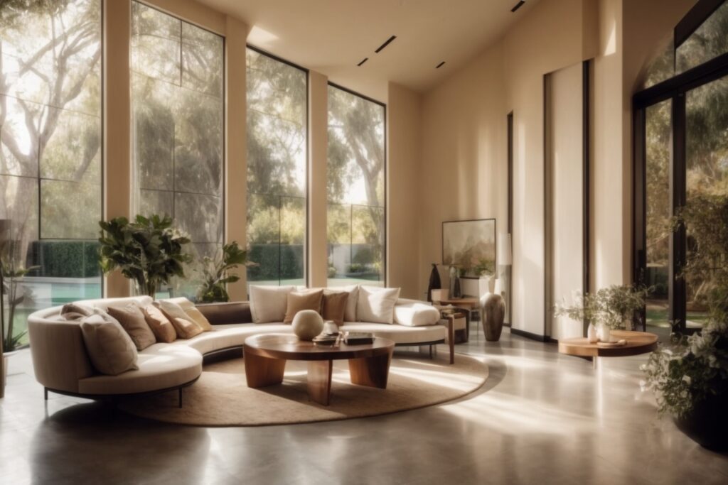 Elegant Beverly Hills home interior with opaque windows and soft ambient light
