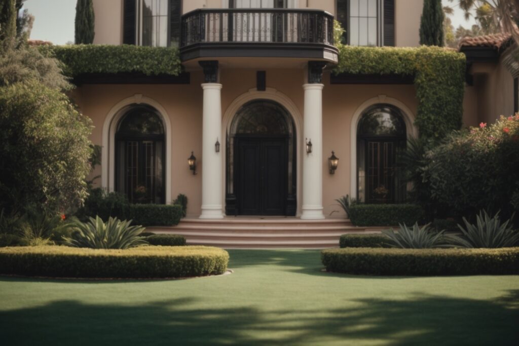 Beverly Hills mansion exterior with tinted windows and lush garden