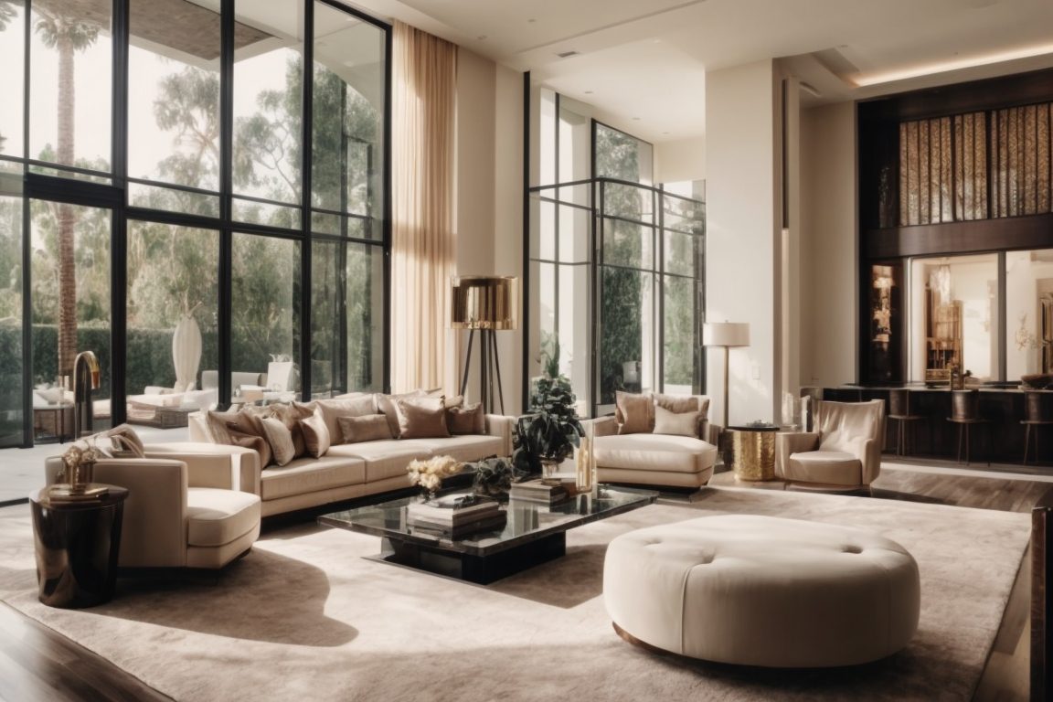 Beverly Hills luxury home interior with tinted large windows and upscale decor