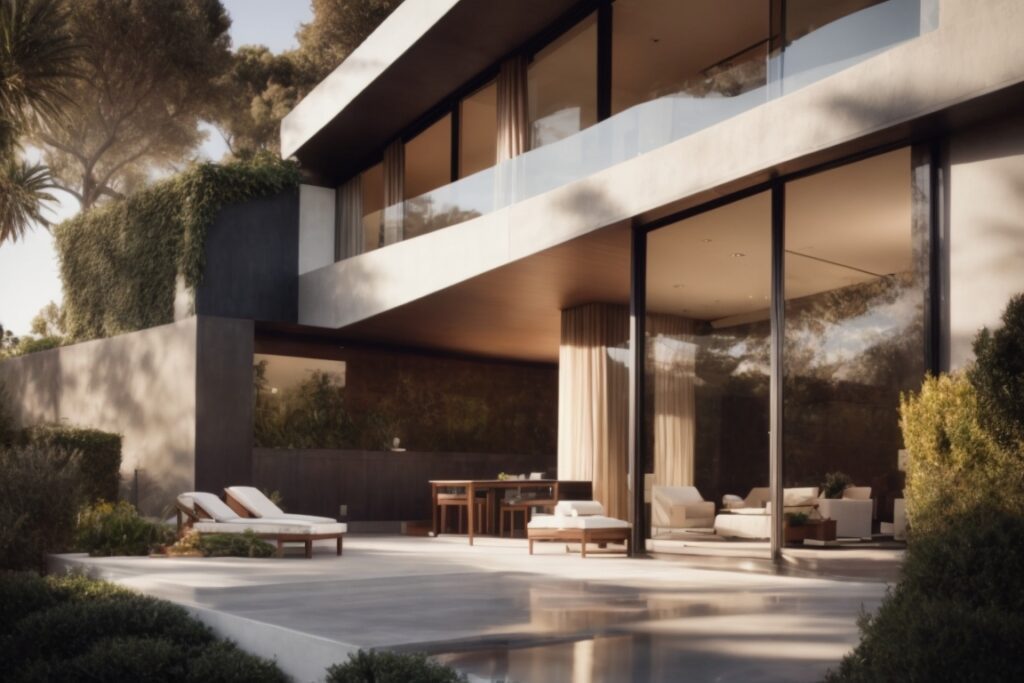 Modern Beverly Hills home with opaque windows and stylish exterior