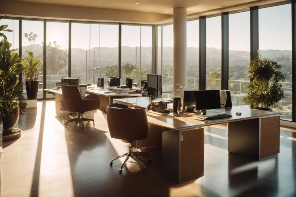 Beverly Hills corporate office interior, bright sunlight through large windows, visible glare on computer screens