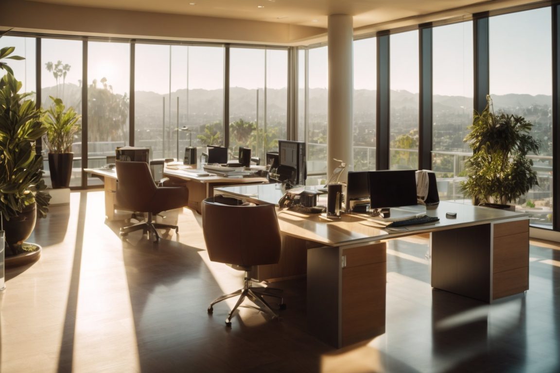 Beverly Hills corporate office interior, bright sunlight through large windows, visible glare on computer screens