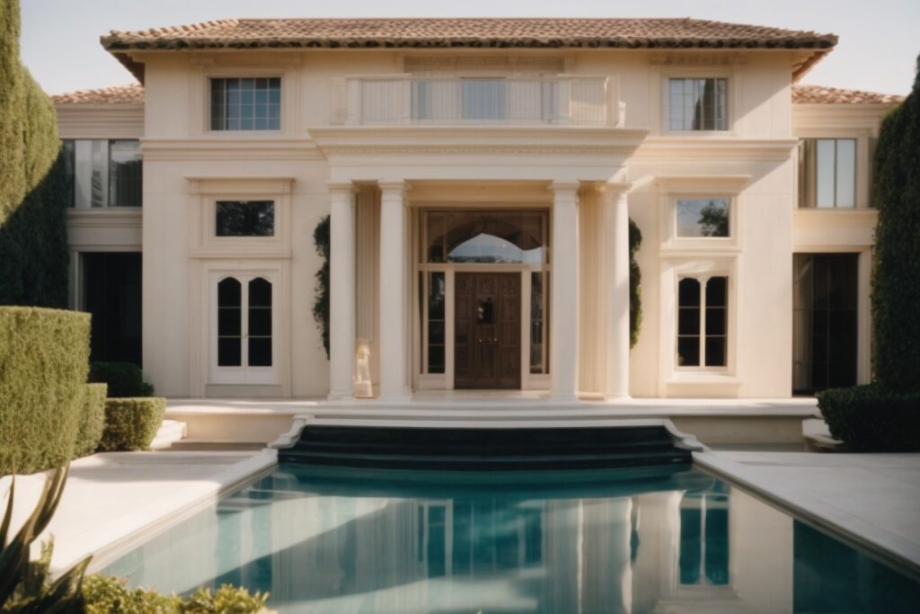 Exterior view of Beverly Hills mansion with opaque windows